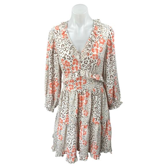 Louna Multicolor Leopard Cheetah Long Sleeve Tiered Mini Fit & Flare Dress Sz S - Picture 1 of 6